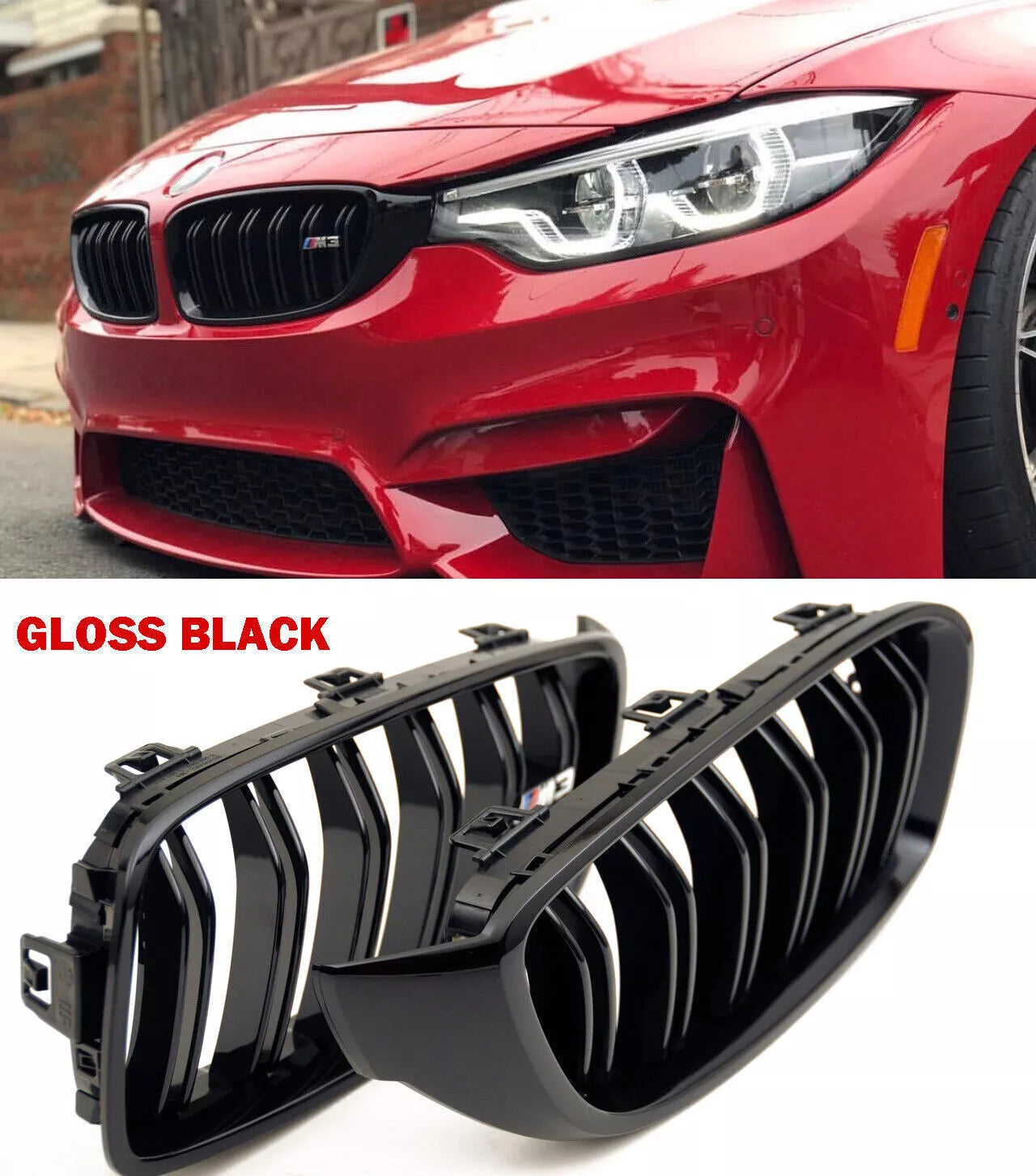 FOR BMW 3 SERIES F30 F31 GLOSS BLACK TWO SLAT KIDNEY FRONT GRILLE M3 M SPORT