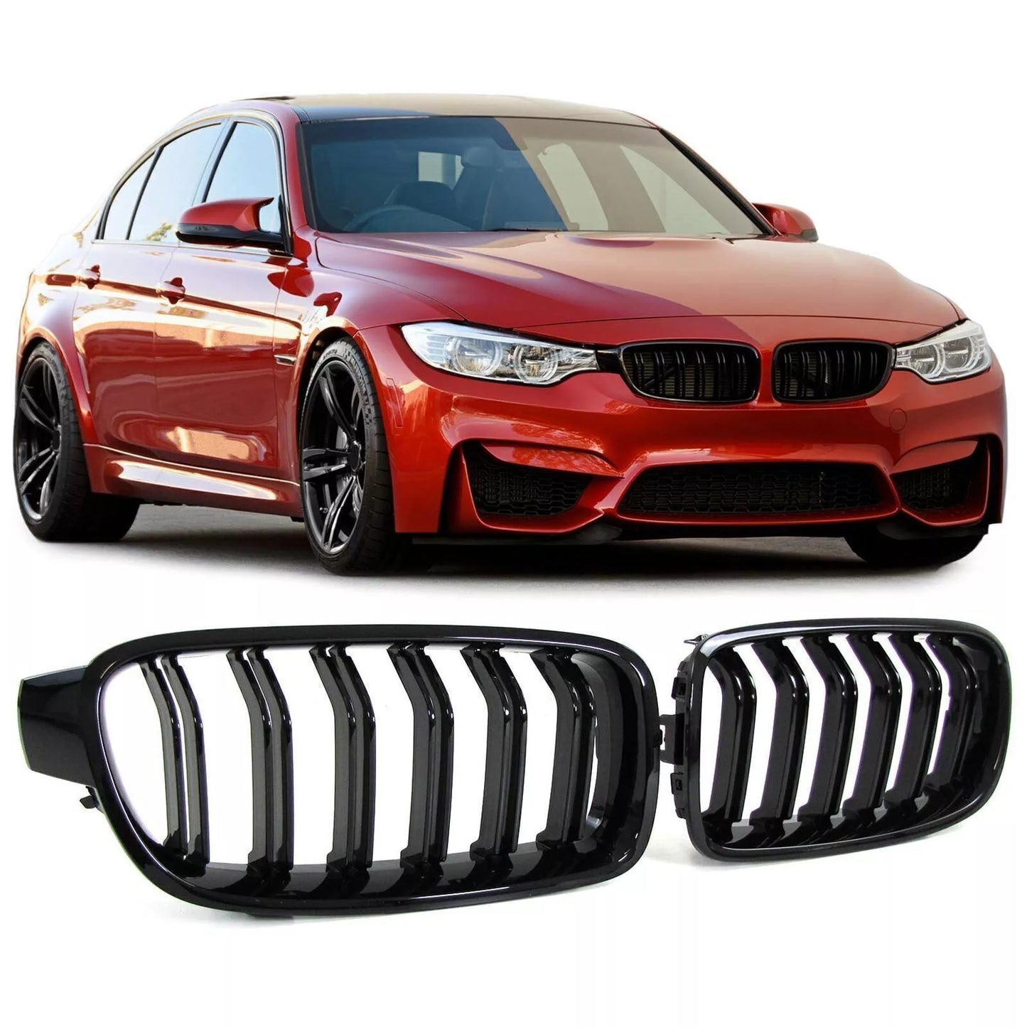 FOR BMW 3 SERIES F30 F31 GLOSS BLACK TWO SLAT KIDNEY FRONT GRILLE M3 M SPORT